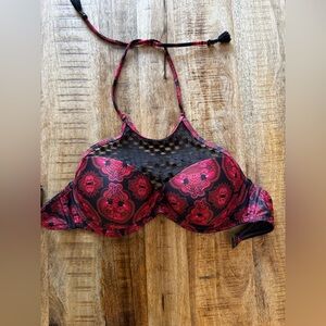 ASOS Black and Pink red  Lace macrame Halter Bikini top bra 34DD NEW NWOT